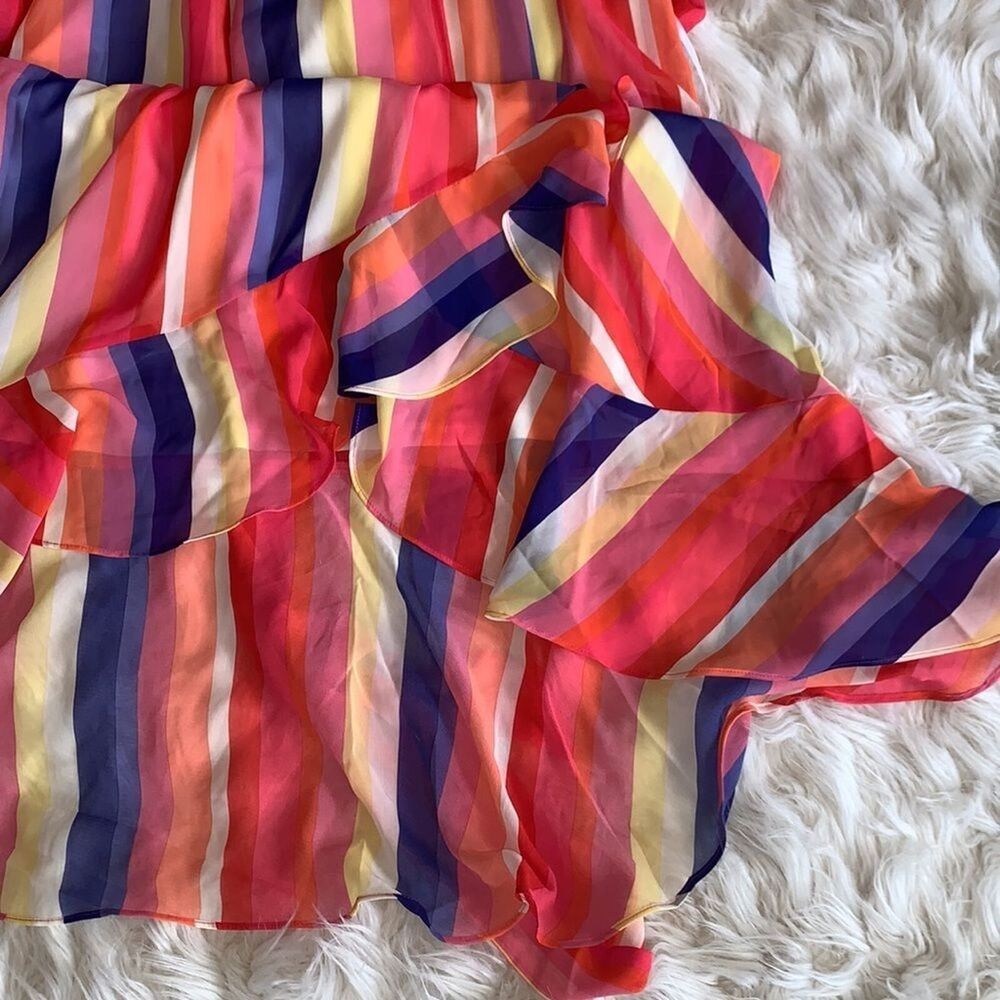 Julia Jordan Rainbow Stripe Surplice Wrap Midi Dress 12 Flounce Hem Sleeveless - Picture 5 of 11